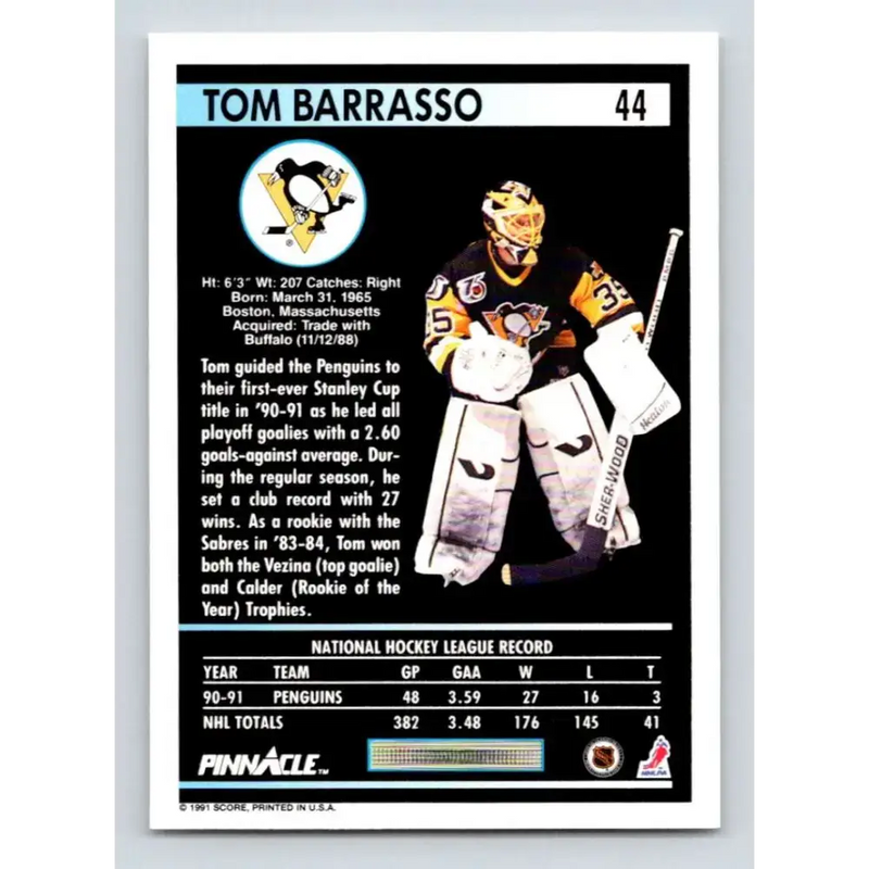 1991-92 Pinnacle #44 Tom Barrasso NM-MT Pittsburgh Penguins Hockey Card - Hockey Card Single