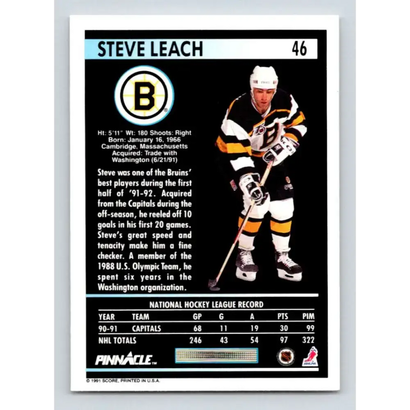 1991-92 Pinnacle #46 Stephen Leach NM-MT Boston Bruins Hockey Card - Hockey Card Single