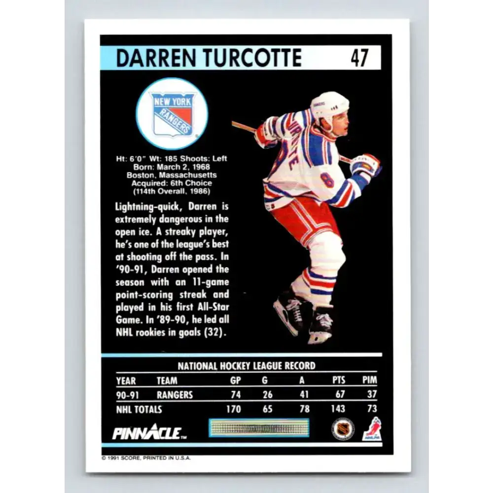 1991-92 Pinnacle #47 Darren Turcotte NM-MT New York Rangers Hockey Card - Hockey Card Single
