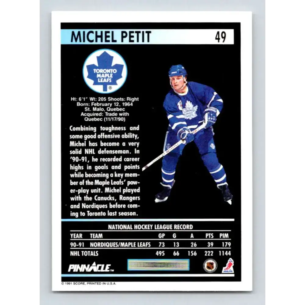 1991-92 Pinnacle #49 Michel Petit NM-MT Toronto Maple Leafs Hockey Card - Hockey Card Single