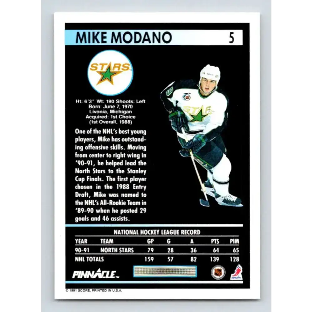 1991-92 Pinnacle #5 Mike Modano NM-MT Minnesota North Stars Hockey Card - Hockey Card Single