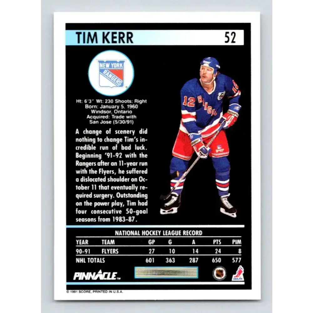 1991-92 Pinnacle #52 Tim Kerr NM-MT New York Rangers Hockey Card - Hockey Card Single