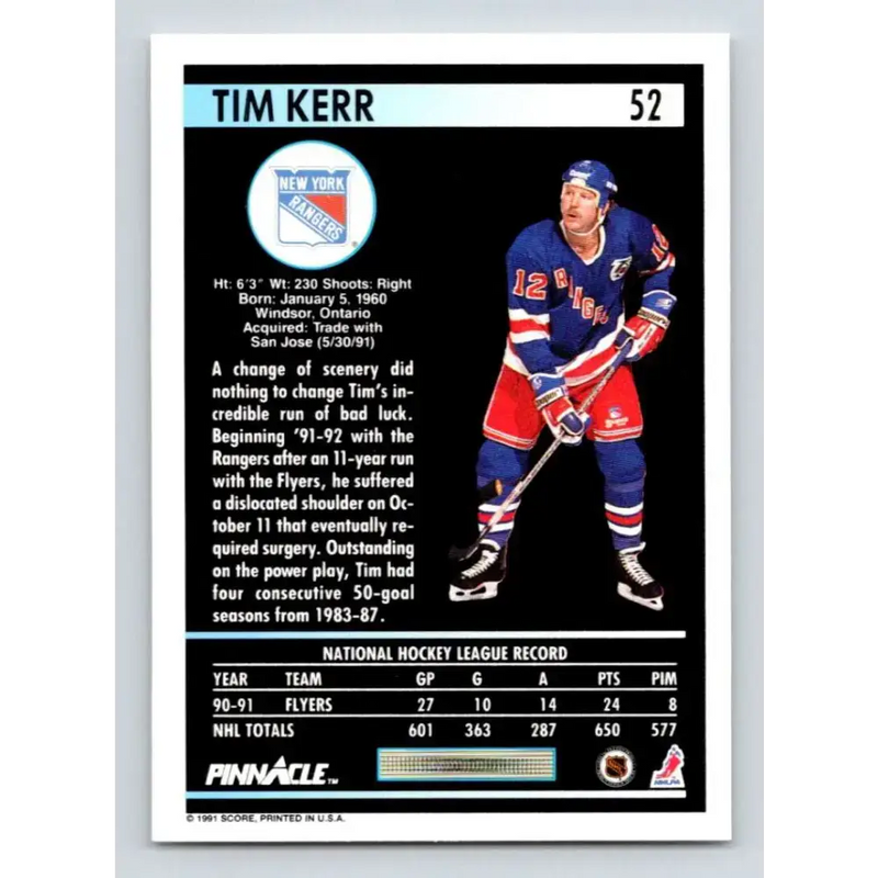 1991-92 Pinnacle #52 Tim Kerr NM-MT New York Rangers Hockey Card - Hockey Card Single