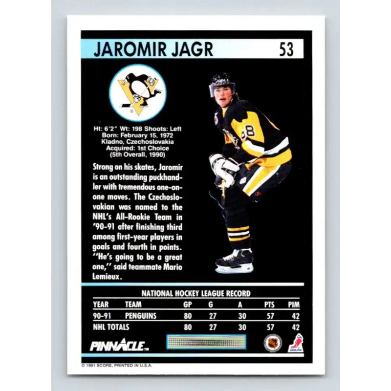 1991-92 Pinnacle #53 Jaromir Jagr NM-MT Pittsburgh Penguins Hockey Card - Hockey Card Single