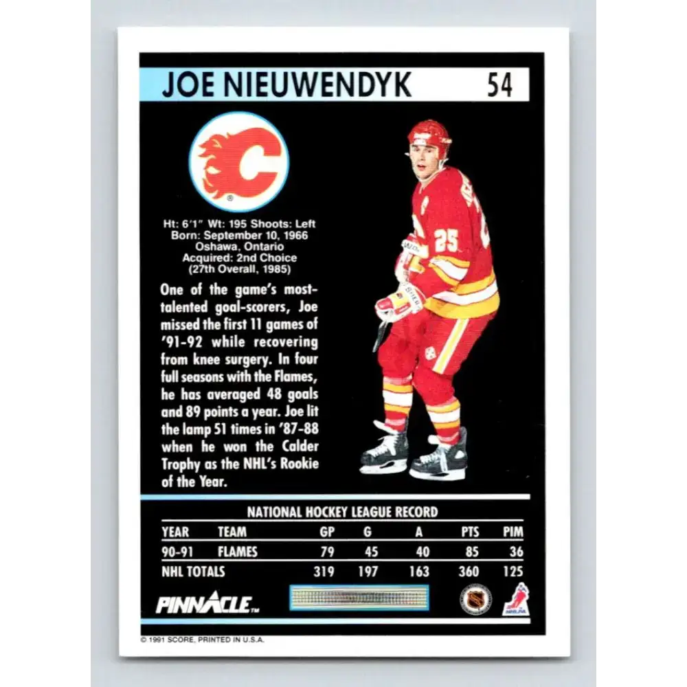 1991-92 Pinnacle #54 Joe Nieuwendyk NM-MT Calgary Flames Hockey Card - Hockey Card Single