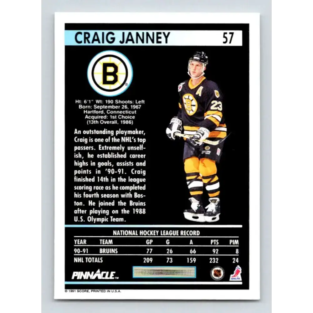 1991-92 Pinnacle #57 Craig Janney NM-MT Boston Bruins Hockey Card - Hockey Card Single