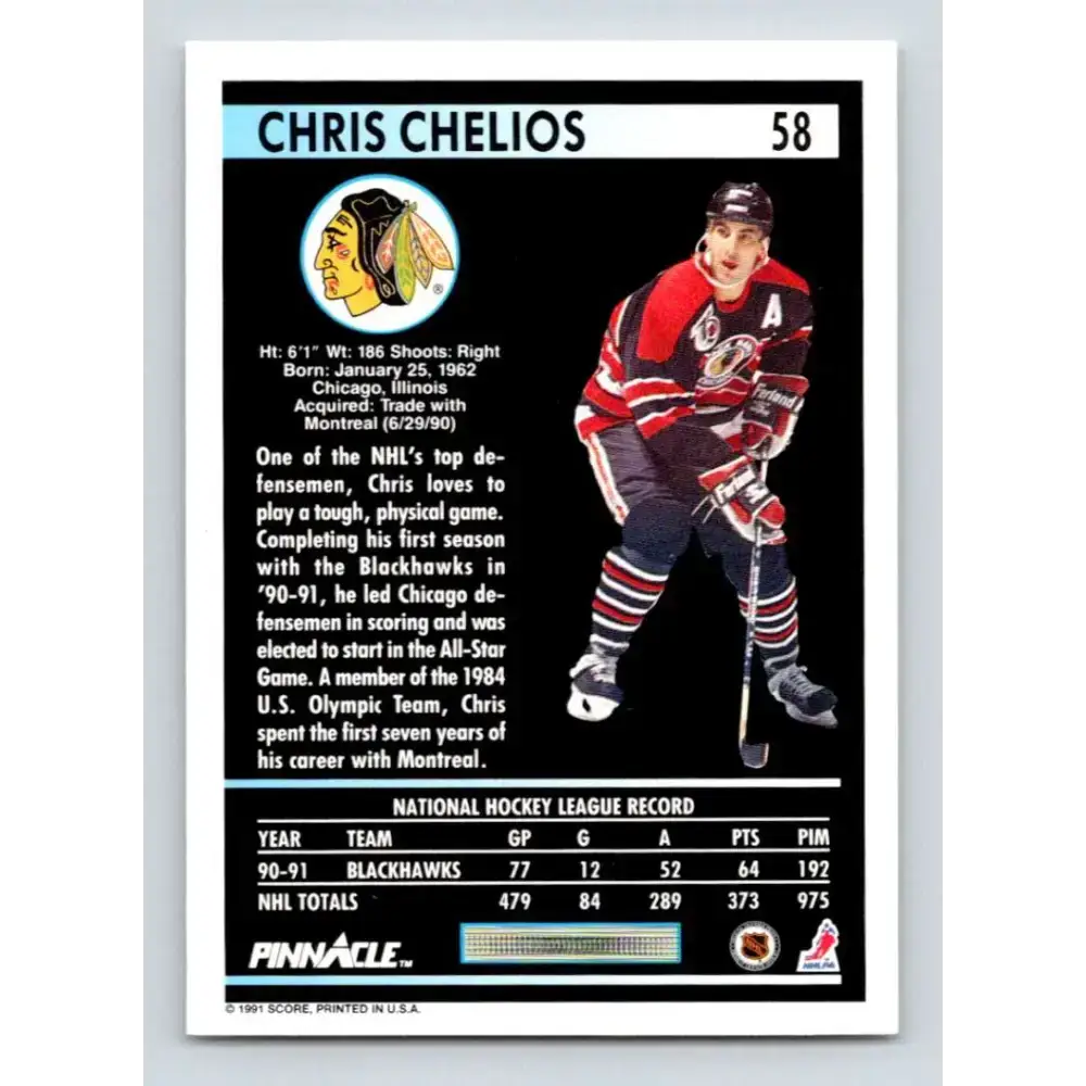 1991-92 Pinnacle #58 Chris Chelios NM-MT Chicago Blackhawks Hockey Card - Hockey Card Single