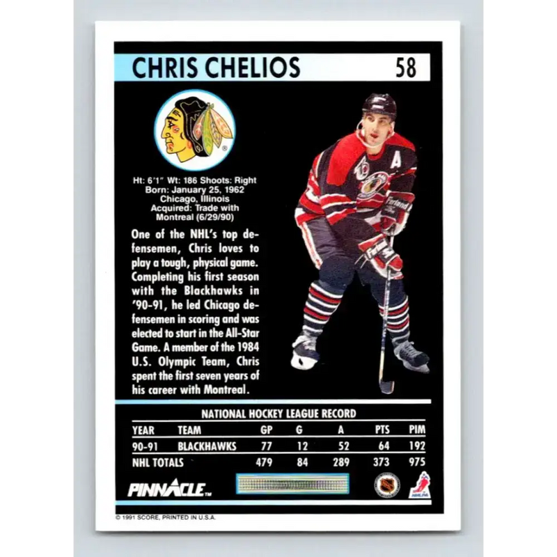 1991-92 Pinnacle #58 Chris Chelios NM-MT Chicago Blackhawks Hockey Card - Hockey Card Single