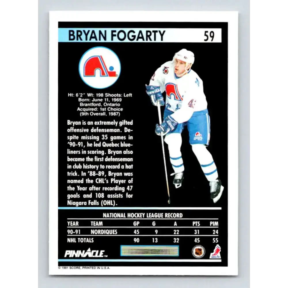 1991-92 Pinnacle #59 Bryan Fogarty NM-MT Quebec Nordiques Hockey Card - Hockey Card Single