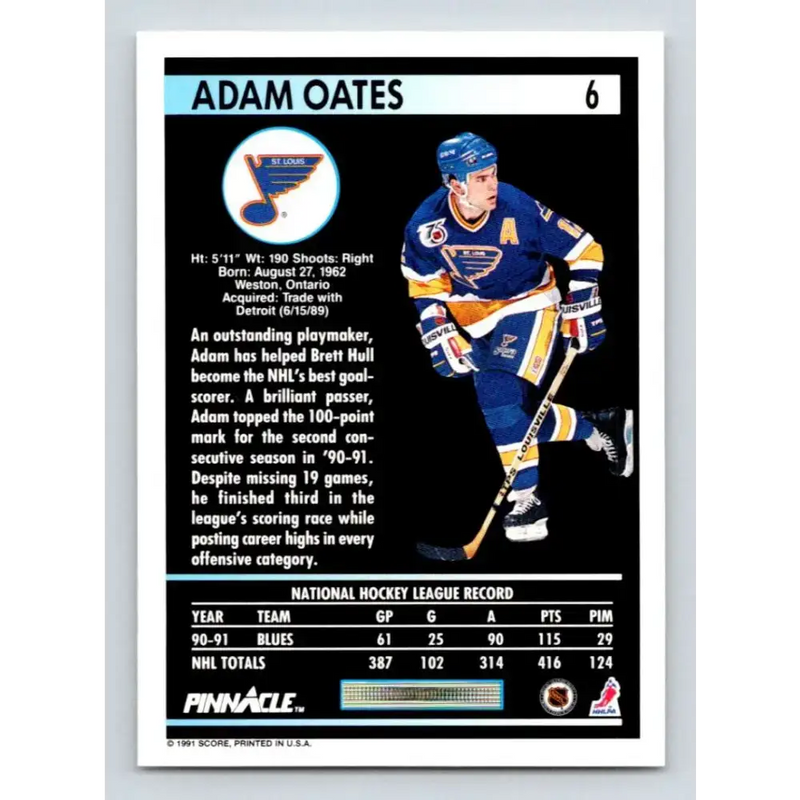 1991-92 Pinnacle #6 Adam Oates NM-MT St. Louis Blues Hockey Card - Hockey Card Single
