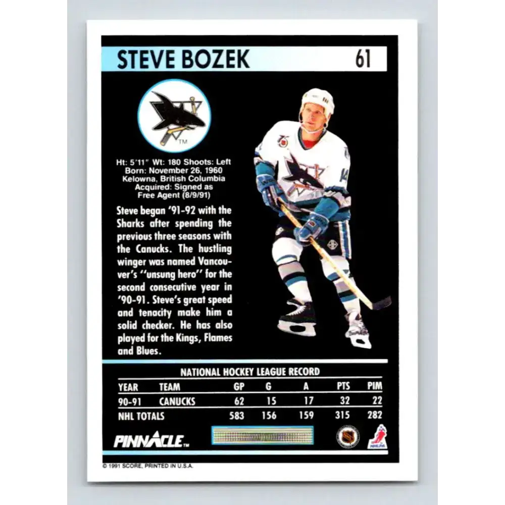 1991-92 Pinnacle #61 Steve Bozek NM-MT San Jose Sharks Hockey Card - Hockey Card Single