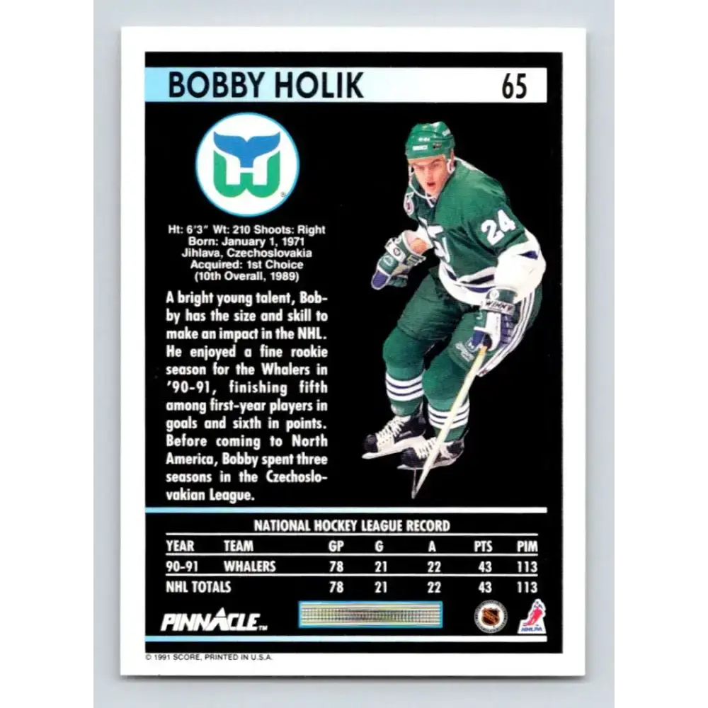 1991-92 Pinnacle #65 Bobby Holik NM-MT Hartford Whalers Hockey Card - Hockey Card Single