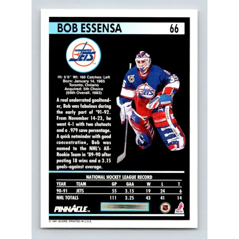 1991-92 Pinnacle #66 Bob Essensa NM-MT Winnipeg Jets Hockey Card - Hockey Card Single