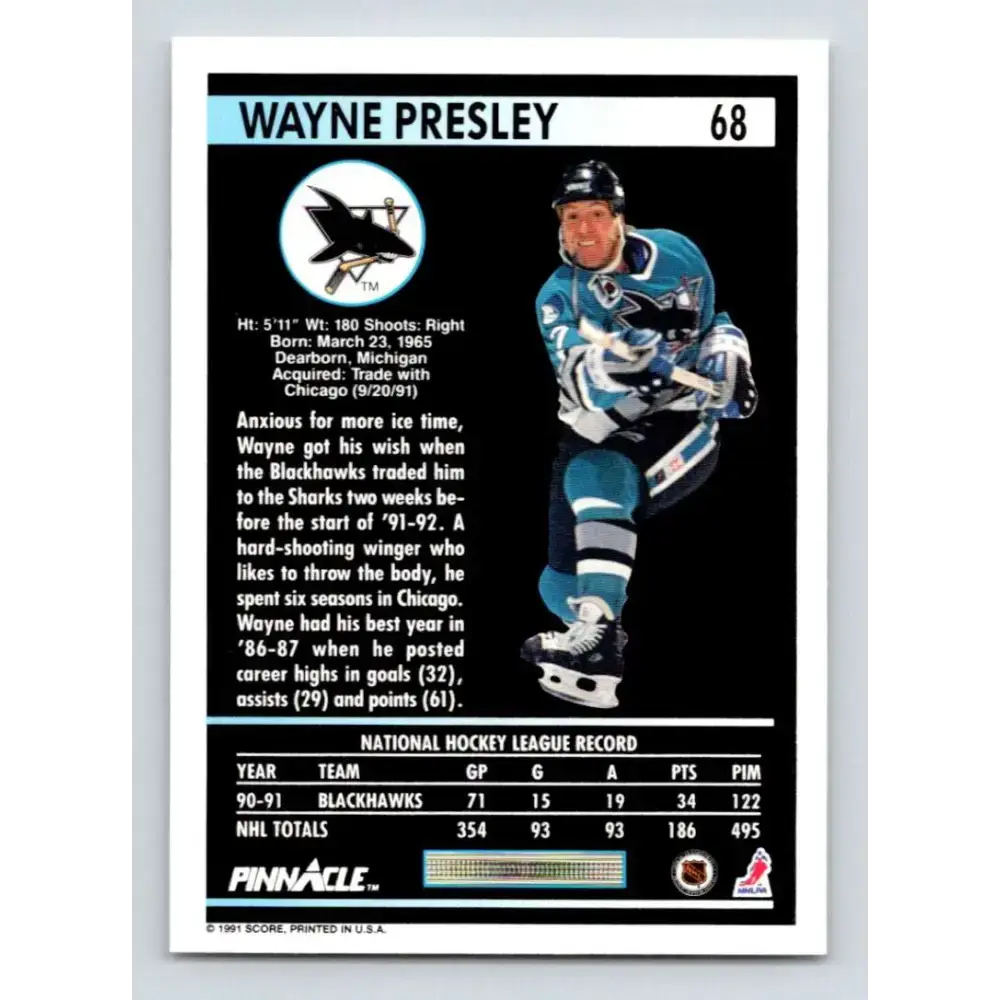 1991-92 Pinnacle #68 Wayne Presley NM-MT San Jose Sharks Hockey Card - Hockey Card Single