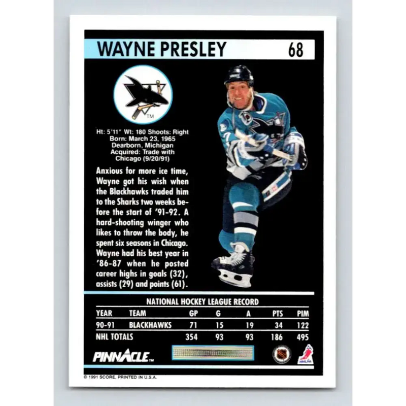 1991-92 Pinnacle #68 Wayne Presley NM-MT San Jose Sharks Hockey Card - Hockey Card Single