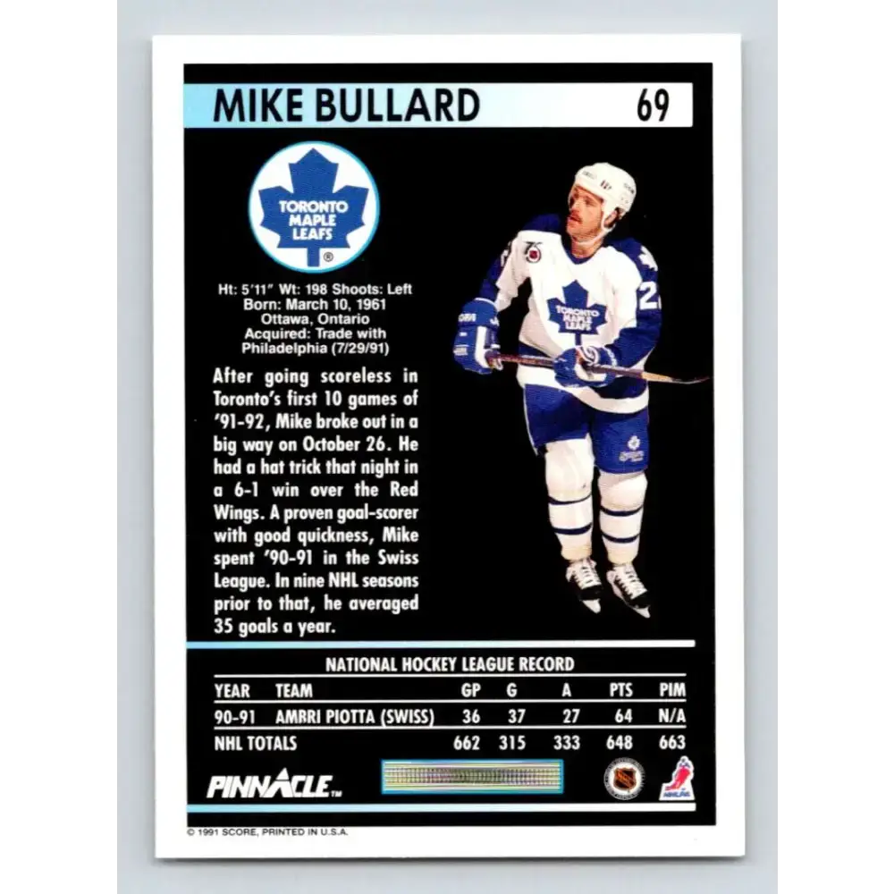 1991-92 Pinnacle #69 Mike Bullard NM-MT Toronto Maple Leafs Hockey Card - Hockey Card Single