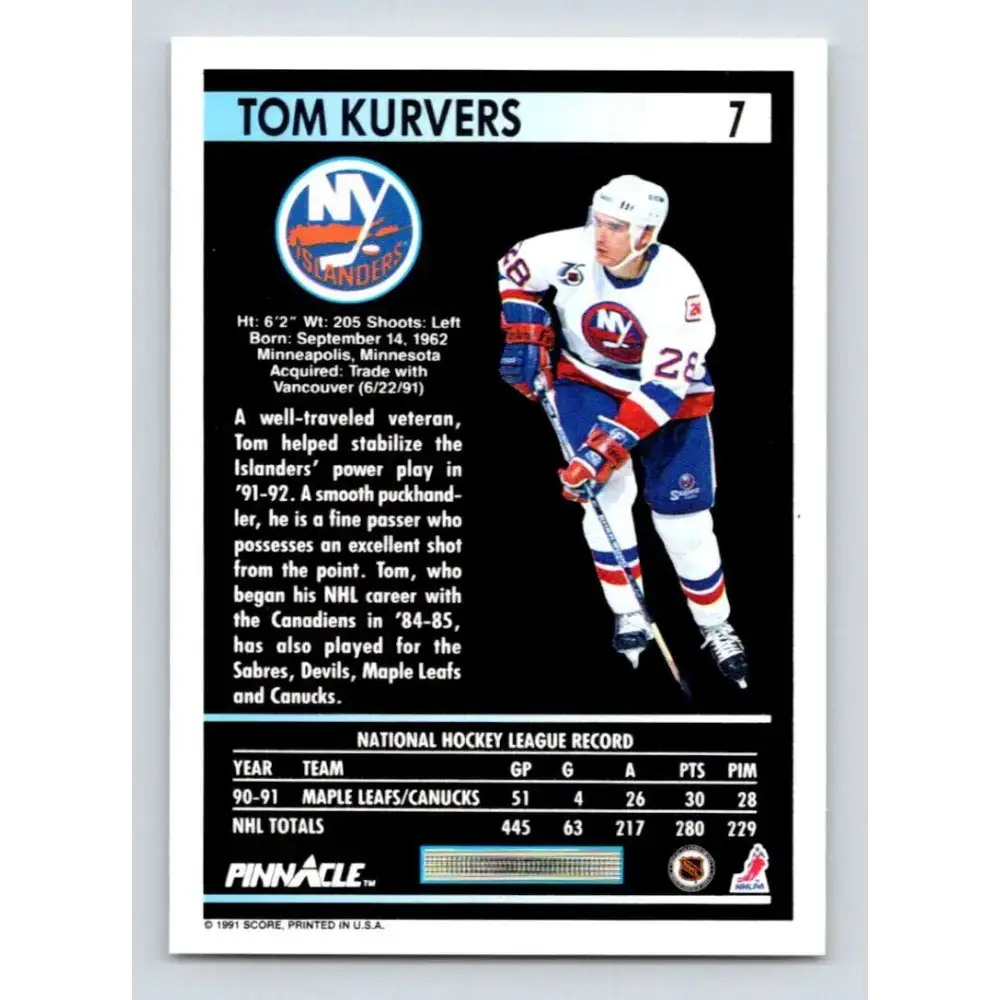 1991-92 Pinnacle #7 Tom Kurvers NM-MT New York Islanders Hockey Card - Hockey Card Single