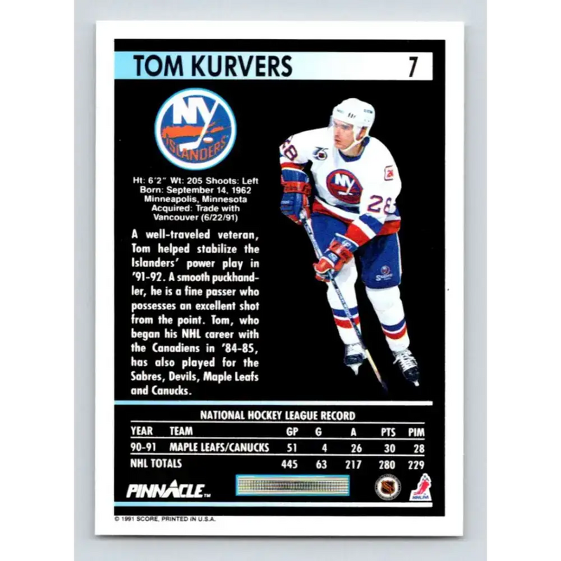 1991-92 Pinnacle #7 Tom Kurvers NM-MT New York Islanders Hockey Card - Hockey Card Single