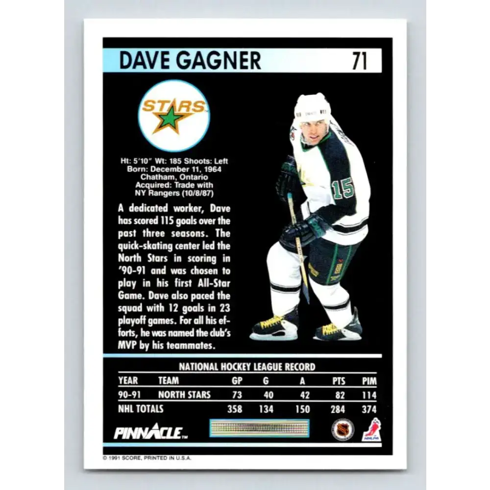 1991-92 Pinnacle #71 Dave Gagner NM-MT Minnesota North Stars Hockey Card - Hockey Card Single