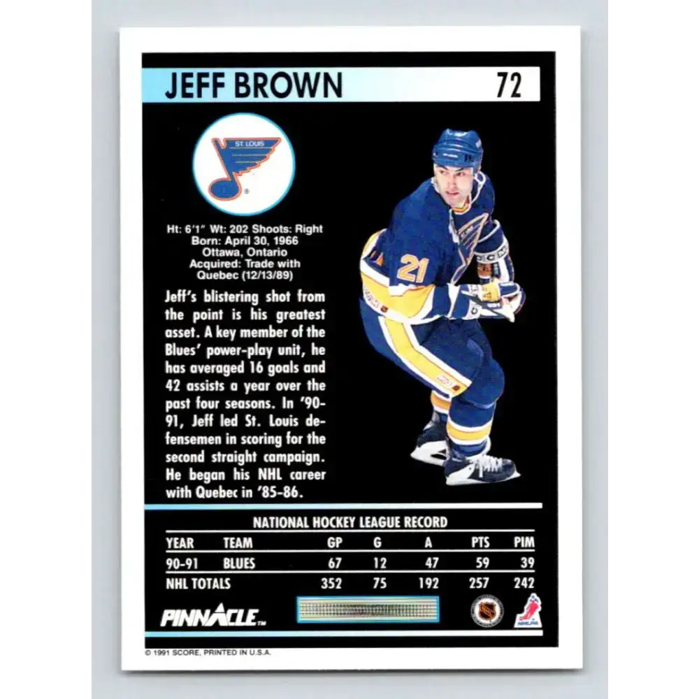 1991-92 Pinnacle #72 Jeff Brown NM-MT St. Louis Blues Hockey Card - Hockey Card Single