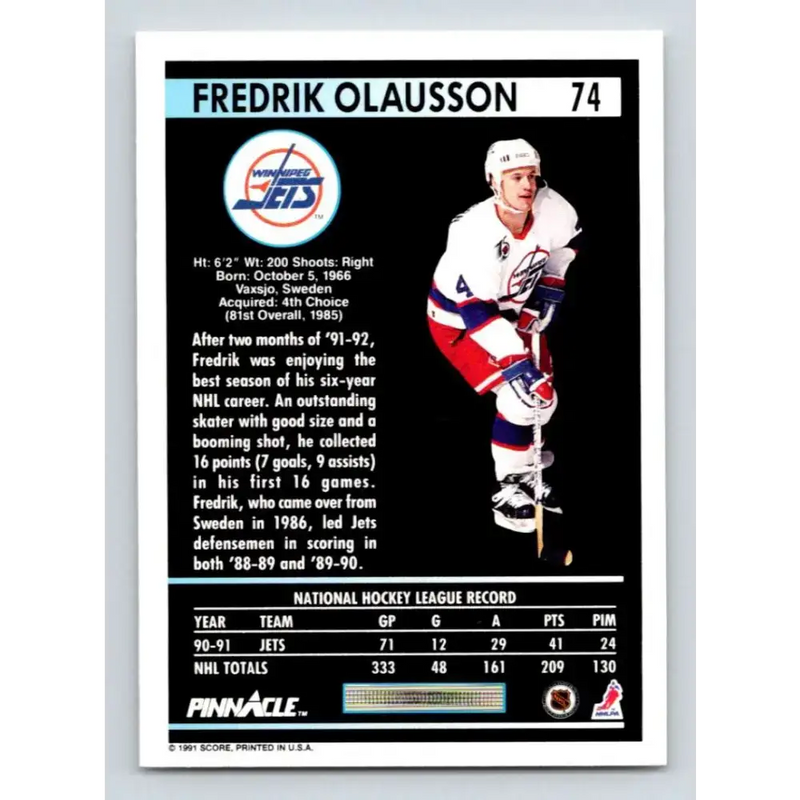 1991-92 Pinnacle #74 Fredrik Olausson NM-MT Winnipeg Jets Hockey Card - Hockey Card Single