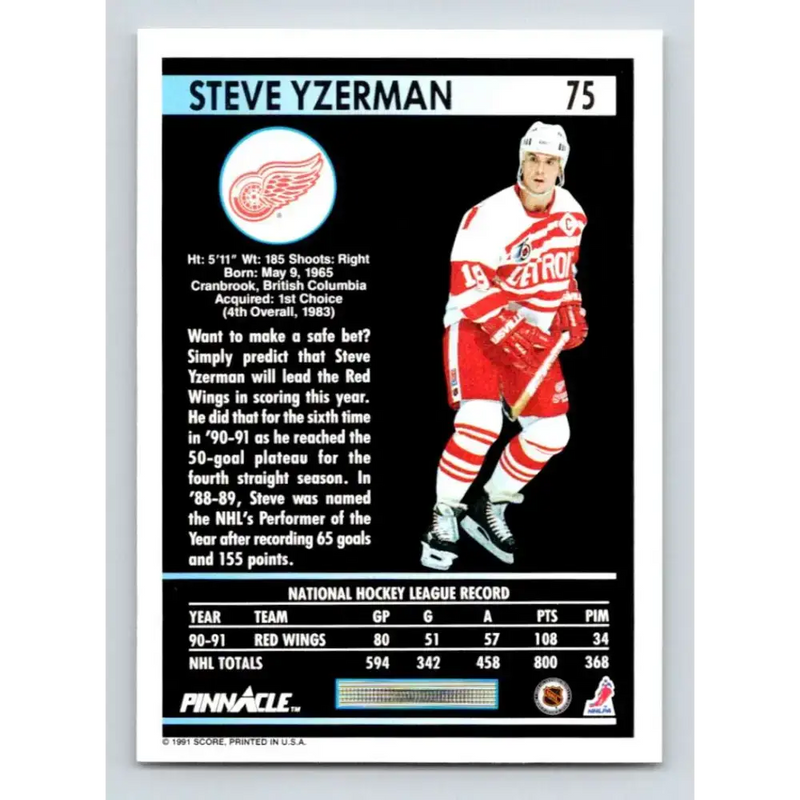 1991-92 Pinnacle #75 Steve Yzerman NM-MT Detroit Red Wings Hockey Card - Hockey Card Single