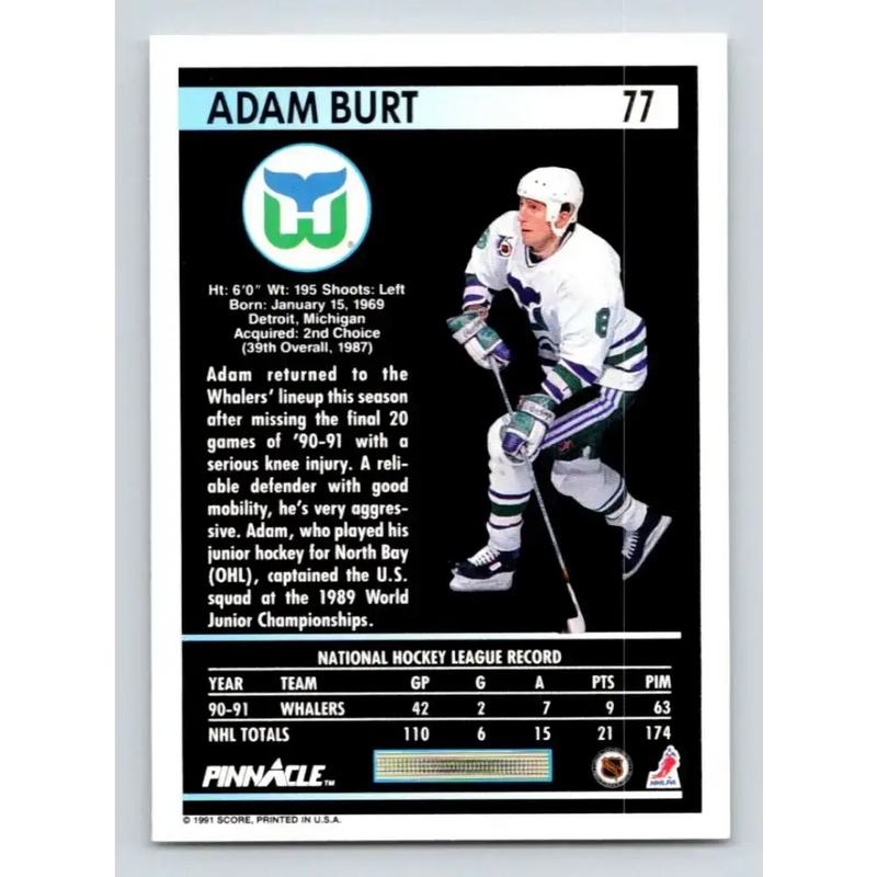1991-92 Pinnacle #77 Adam Burt NM-MT Hartford Whalers Hockey Card - Hockey Card Single