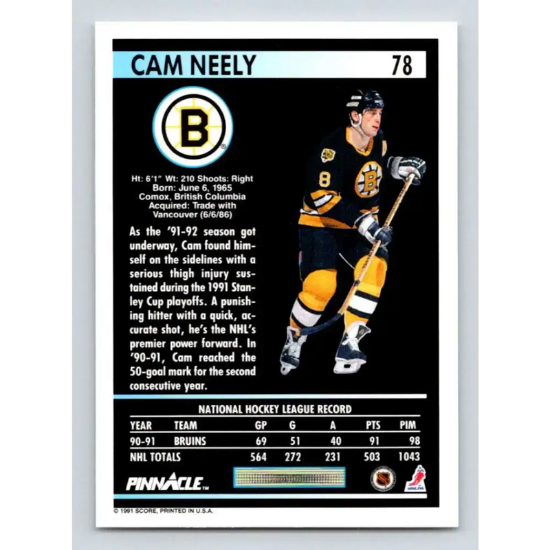 1991-92 Pinnacle #78 Cam Neely NM-MT Boston Bruins Hockey Card - Hockey Card Single