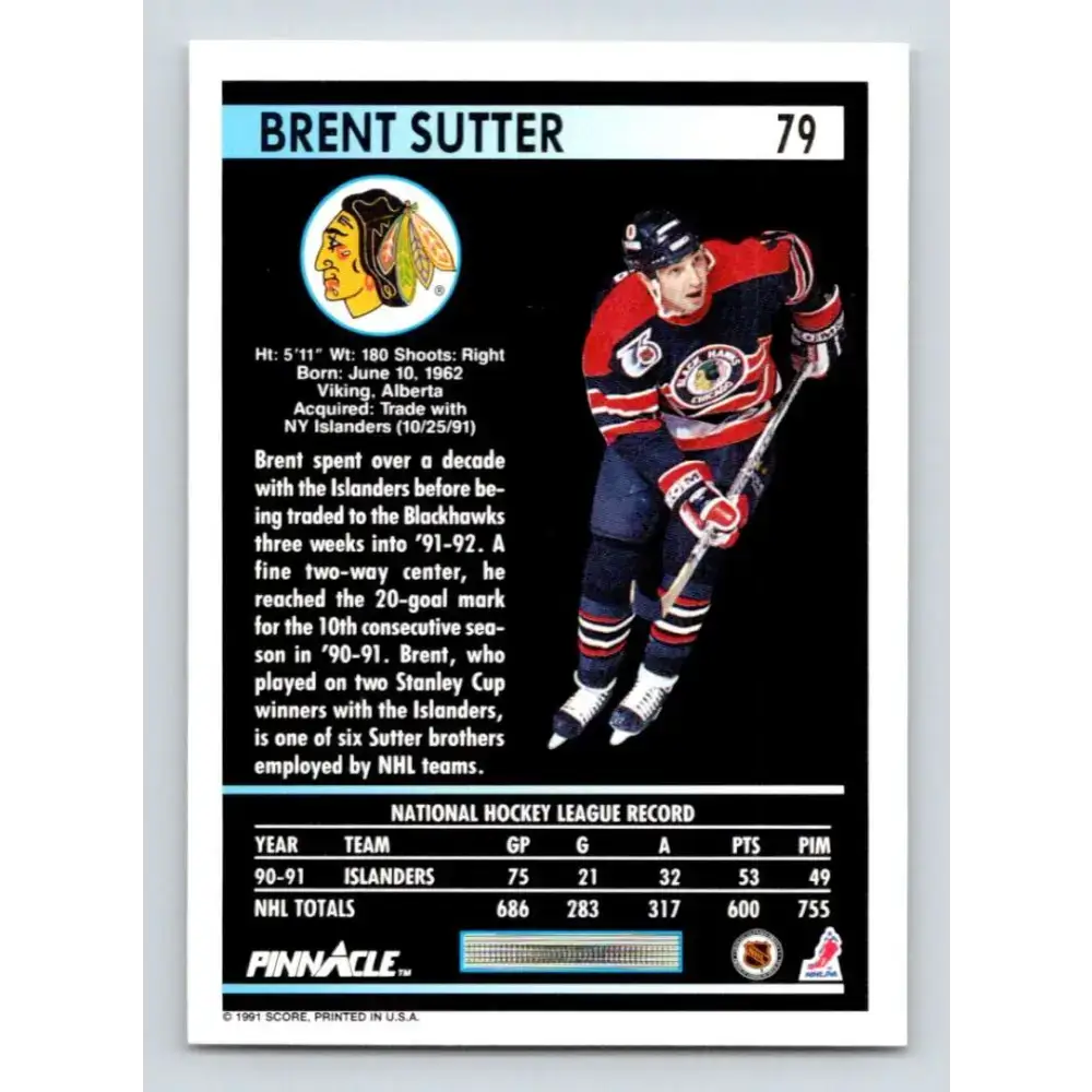 1991-92 Pinnacle #79 Brent Sutter NM-MT Chicago Blackhawks Hockey Card - Hockey Card Single