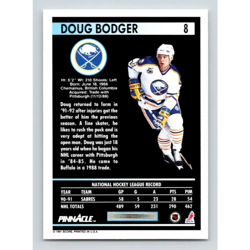 1991-92 Pinnacle #8 Doug Bodger NM-MT Buffalo Sabres Hockey Card - Hockey Card Single