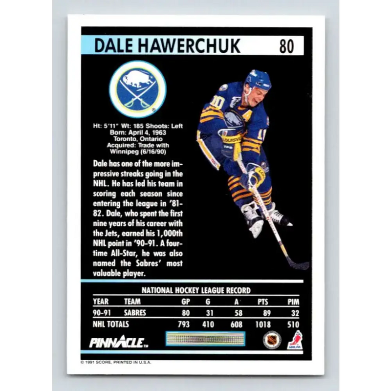 1991-92 Pinnacle #80 Dale Hawerchuk NM-MT Buffalo Sabres Hockey Card - Hockey Card Single