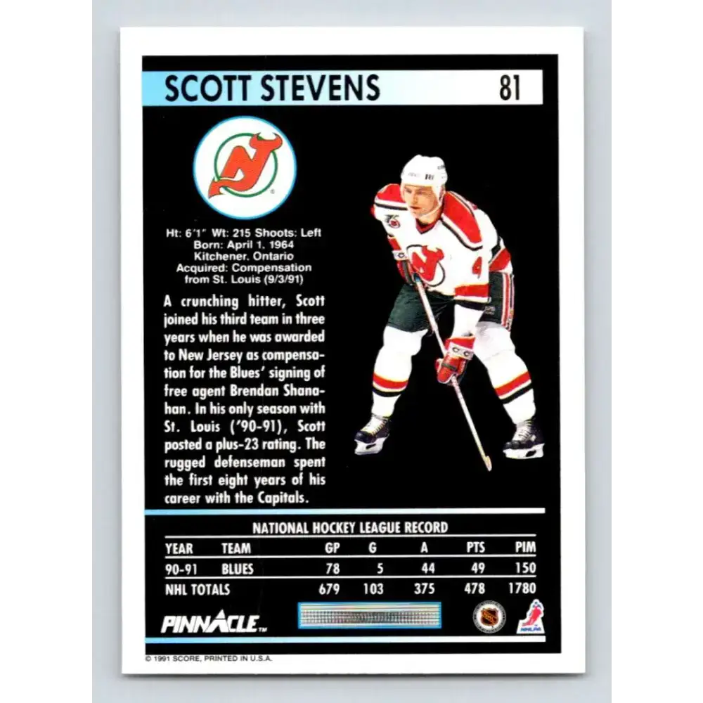 1991-92 Pinnacle #81 Scott Stevens NM-MT New Jersey Devils Hockey Card - Hockey Card Single