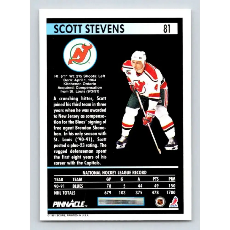 1991-92 Pinnacle #81 Scott Stevens NM-MT New Jersey Devils Hockey Card - Hockey Card Single