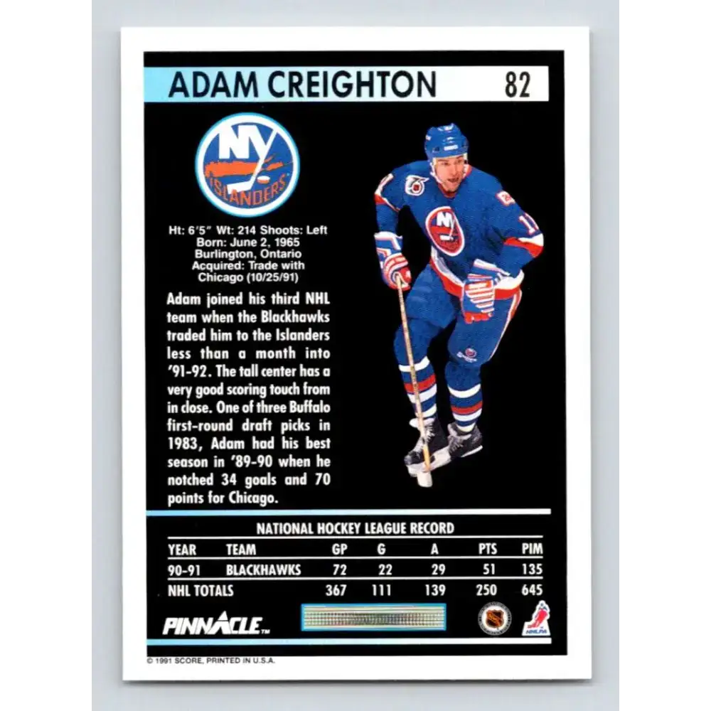 1991-92 Pinnacle #82 Adam Creighton NM-MT New York Islanders Hockey Card - Hockey Card Single