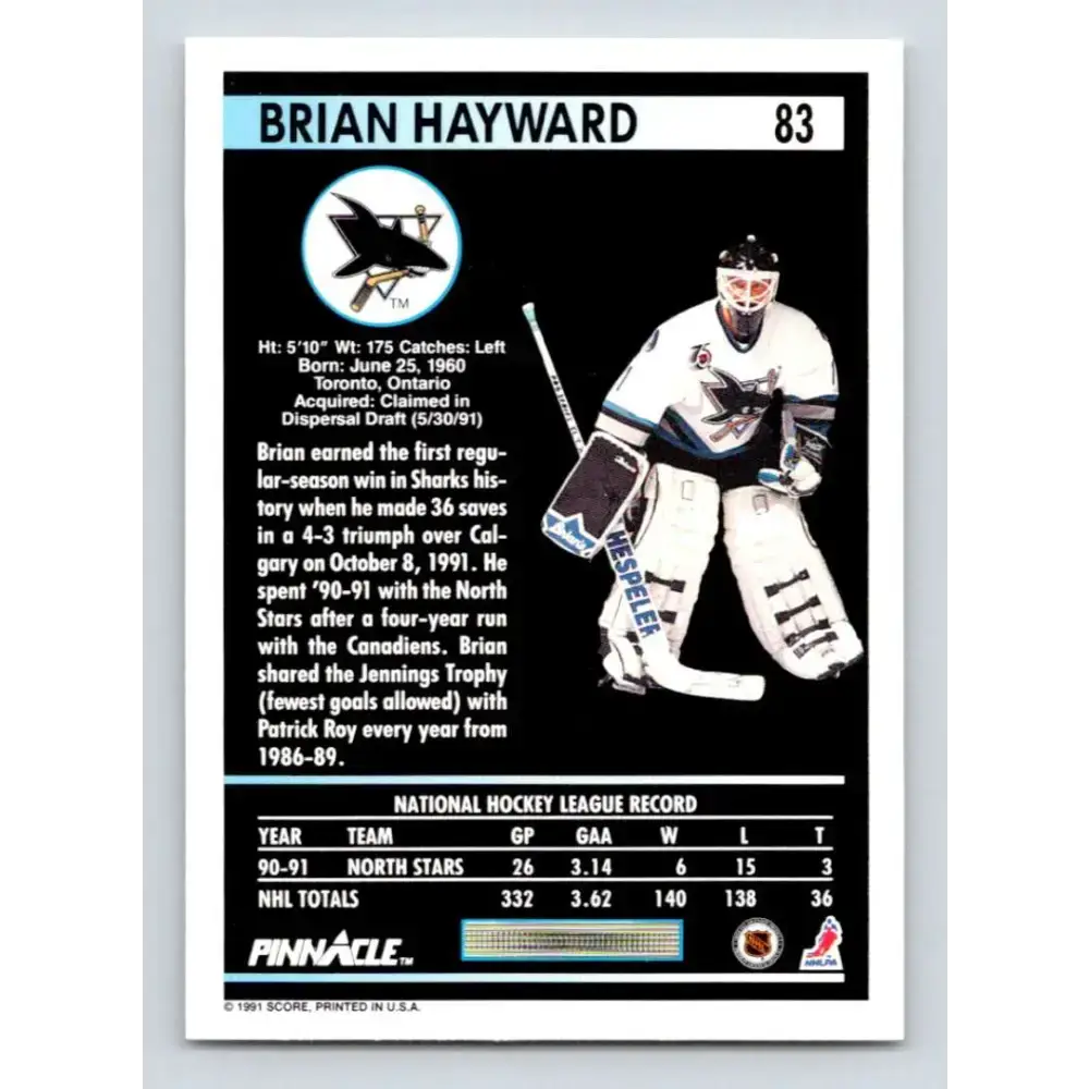 1991-92 Pinnacle #83 Brian Hayward NM-MT San Jose Sharks Hockey Card - Hockey Card Single