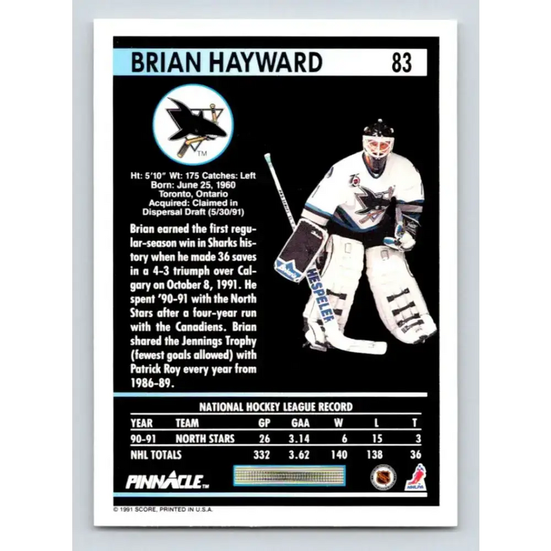 1991-92 Pinnacle #83 Brian Hayward NM-MT San Jose Sharks Hockey Card - Hockey Card Single