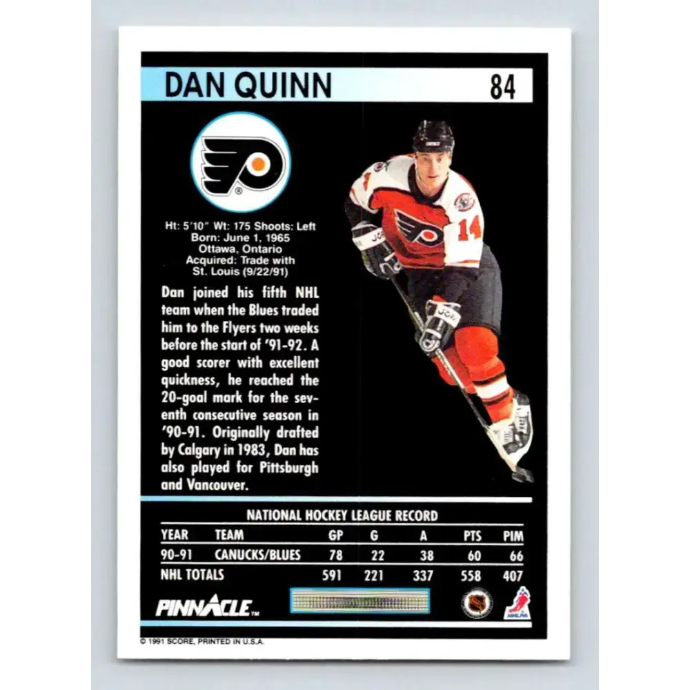 1991-92 Pinnacle #84 Dan Quinn NM-MT Philadelphia Flyers Hockey Card - Hockey Card Single