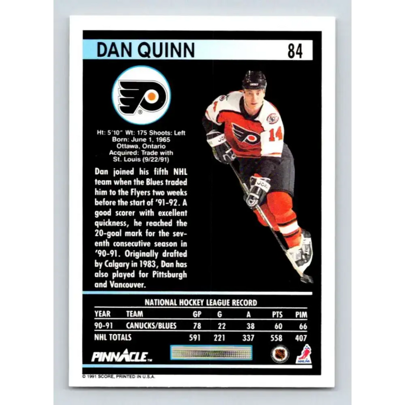 1991-92 Pinnacle #84 Dan Quinn NM-MT Philadelphia Flyers Hockey Card - Hockey Card Single