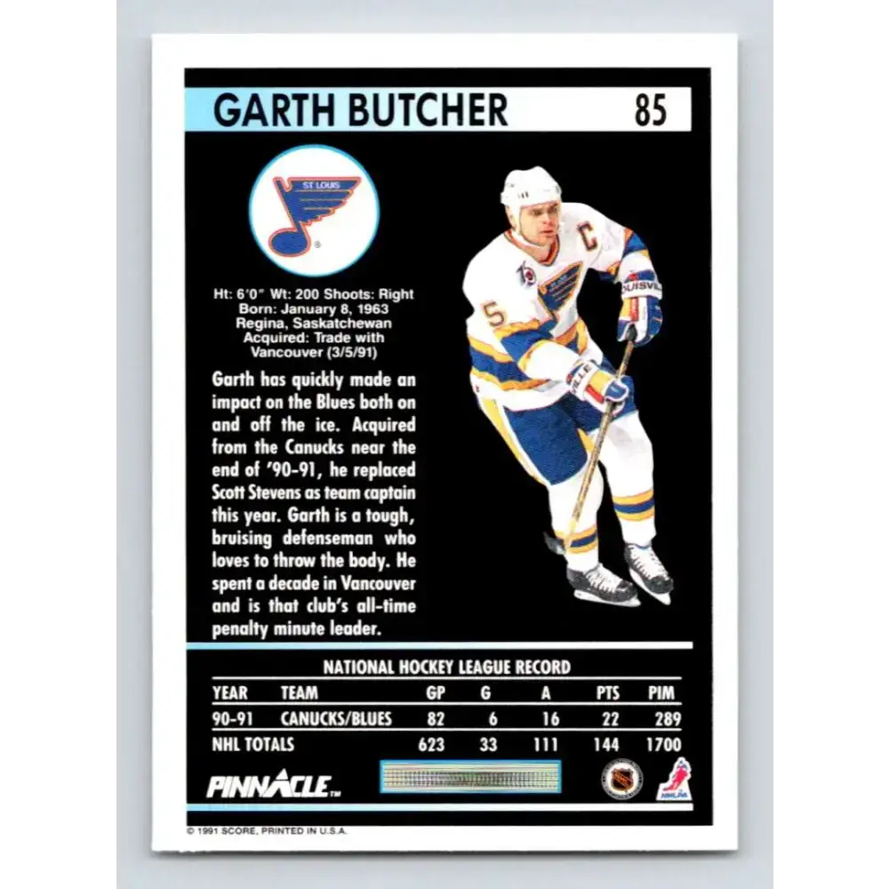 1991-92 Pinnacle #85 Garth Butcher NM-MT St. Louis Blues Hockey Card - Hockey Card Single