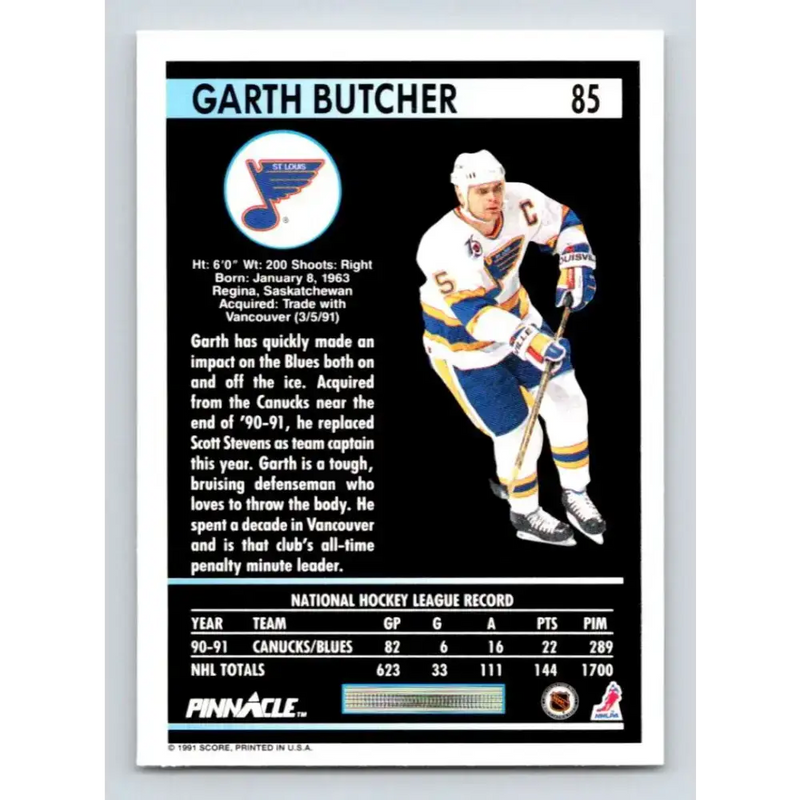 1991-92 Pinnacle #85 Garth Butcher NM-MT St. Louis Blues Hockey Card - Hockey Card Single
