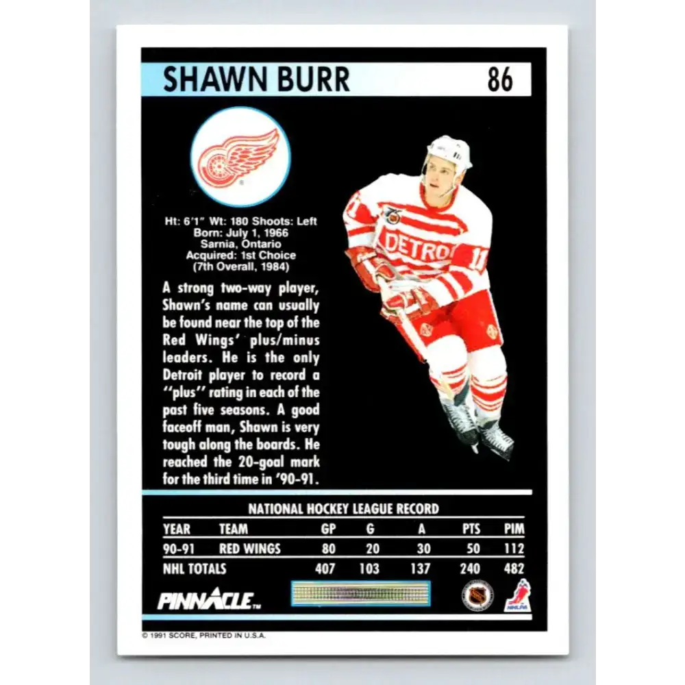 1991-92 Pinnacle #86 Shawn Burr NM-MT Detroit Red Wings Hockey Card - Hockey Card Single