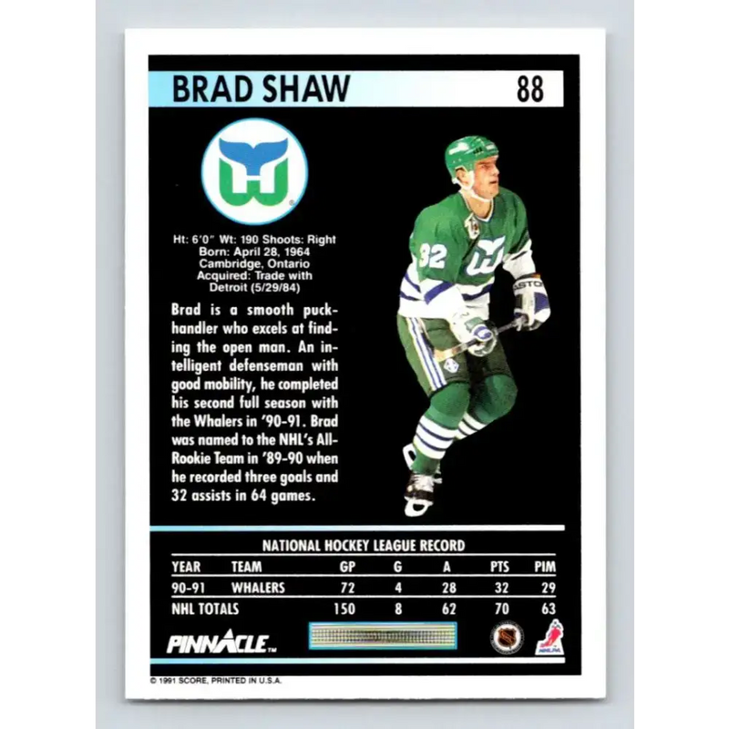 1991-92 Pinnacle #88 Brad Shaw NM-MT Hartford Whalers Hockey Card - Hockey Card Single