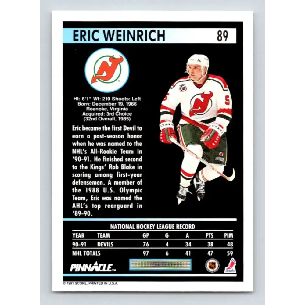 1991-92 Pinnacle #89 Eric Weinrich NM-MT New Jersey Devils Hockey Card - Hockey Card Single