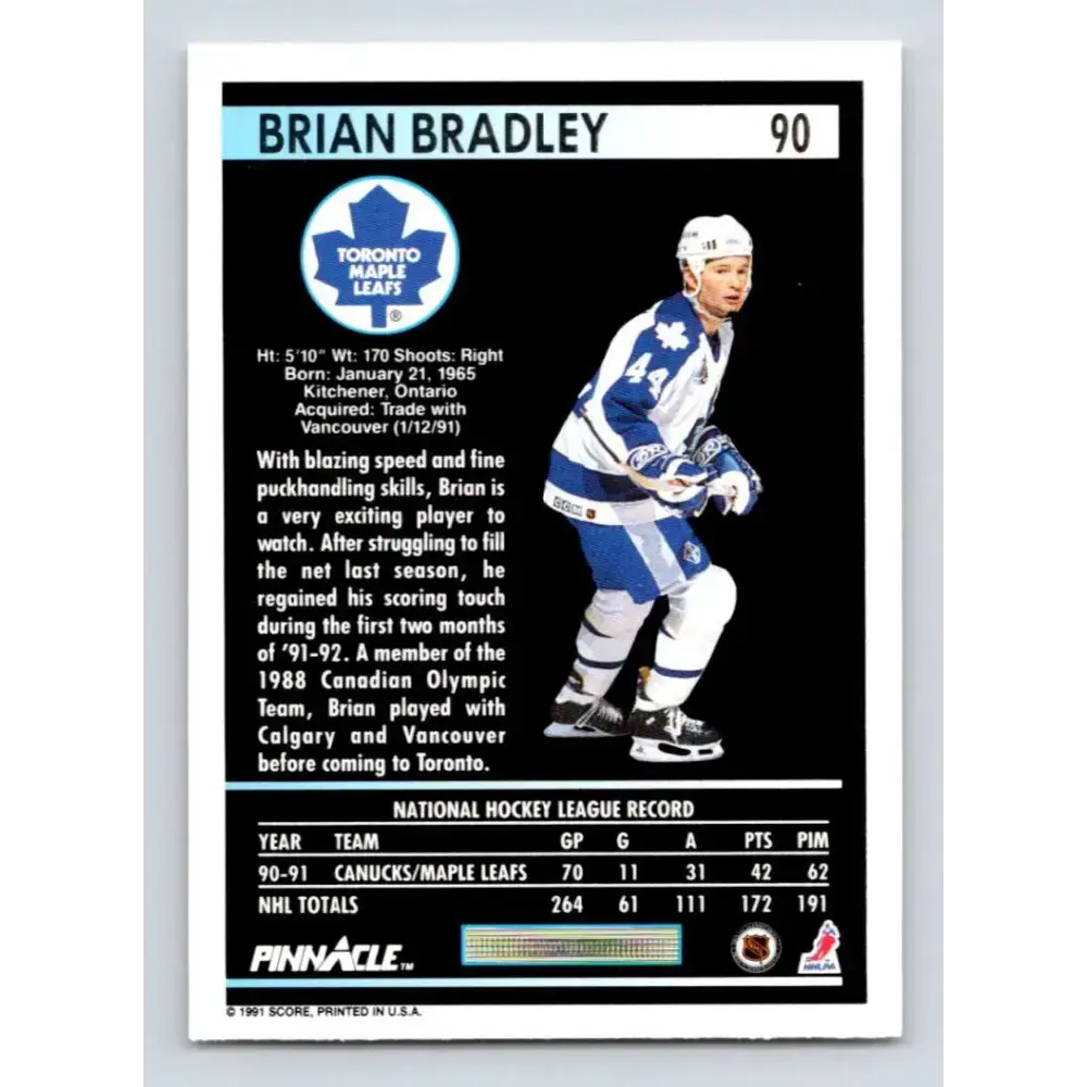 1991-92 Pinnacle #90 Brian Bradley NM-MT Toronto Maple Leafs Hockey Card - Hockey Card Single