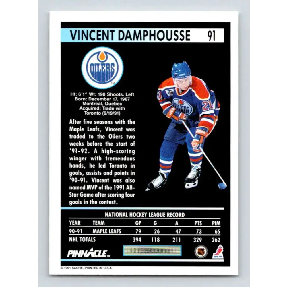 1991-92 Pinnacle #91 Vincent Damphousse NM-MT Edmonton Oilers Hockey Card - Hockey Card Single