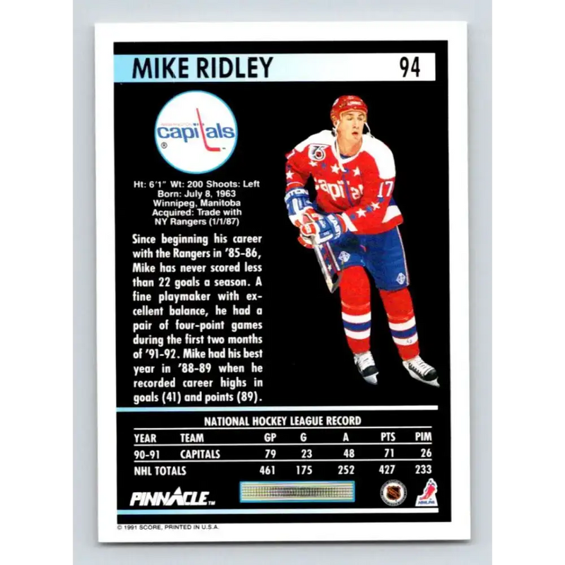 1991-92 Pinnacle #94 Mike Ridley NM-MT Washington Capitals Hockey Card - Hockey Card Single