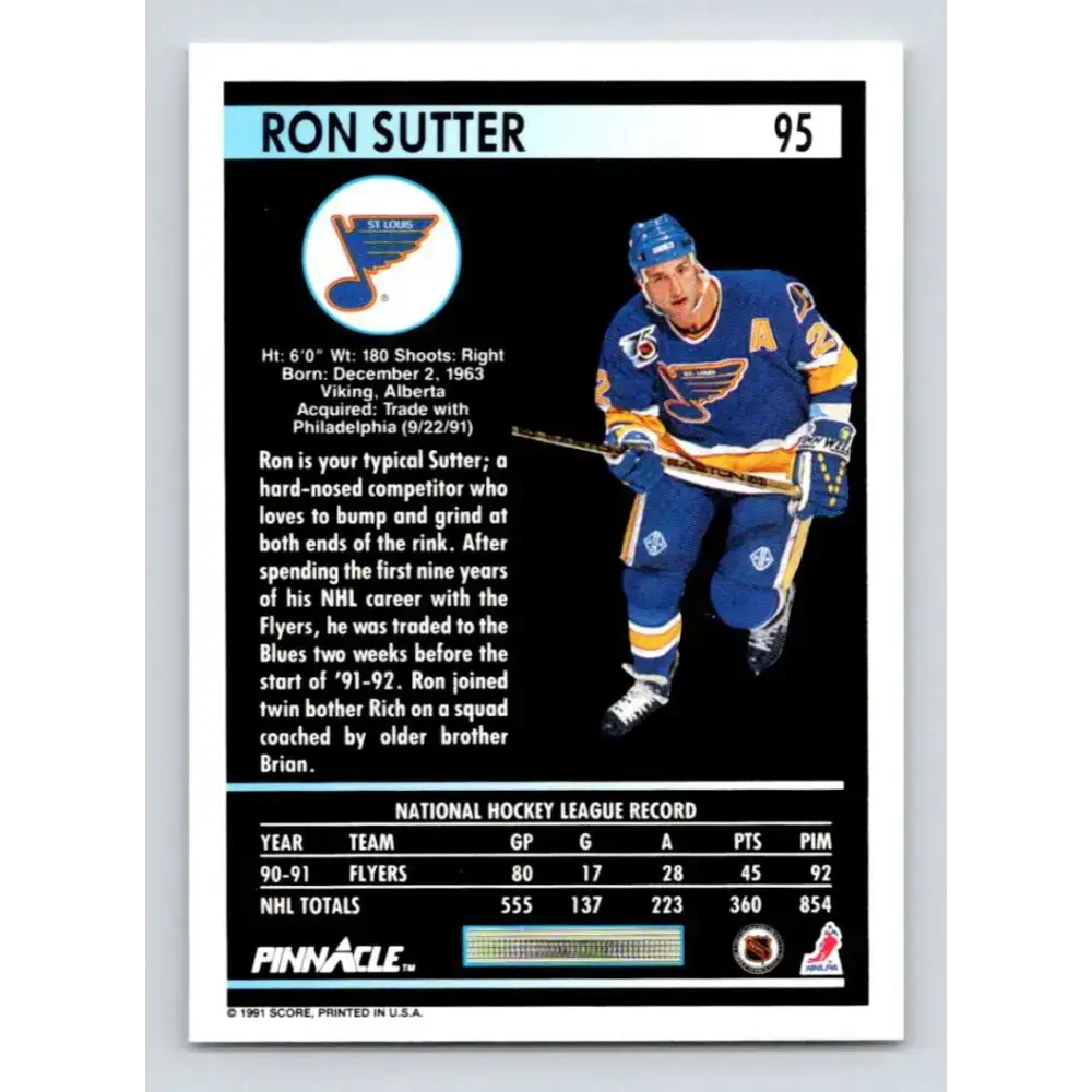 1991-92 Pinnacle #95 Ron Sutter NM-MT St. Louis Blues Hockey Card - Hockey Card Single