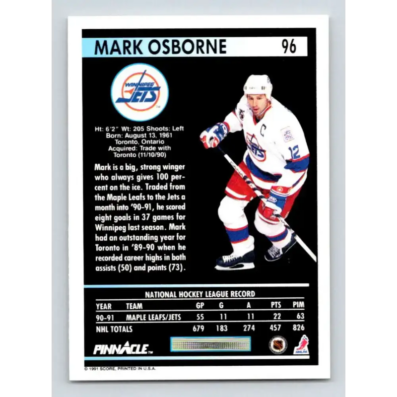 1991-92 Pinnacle #96 Mark Osborne NM-MT Winnipeg Jets Hockey Card - Hockey Card Single