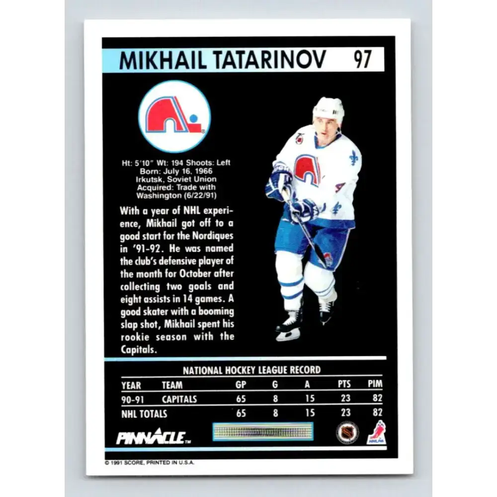 1991-92 Pinnacle #97 Mikhail Tatarinov NM-MT Quebec Nordiques Hockey Card - Hockey Card Single