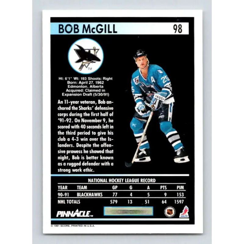 1991-92 Pinnacle #98 Bob McGill NM-MT San Jose Sharks Hockey Card - Hockey Card Single